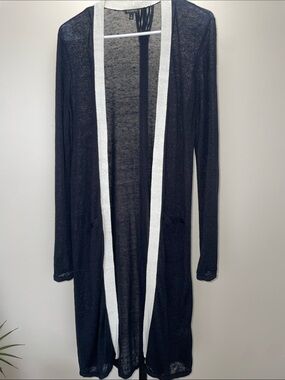 Talbots Black Long Open-Front Cardigan with White Trim